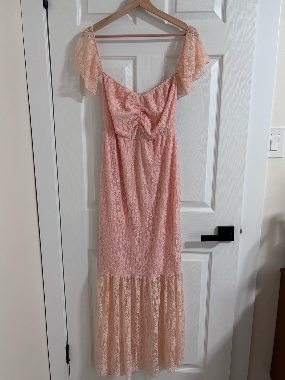 Maternity Pink Lace Maxi Dress with Flutter Sleeves